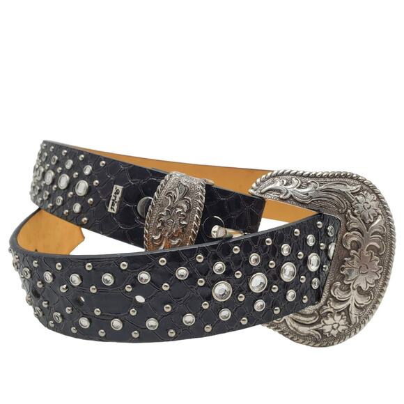 Ariat Black Leather Bling Belt 26/65 Crystal Reptile Print Tooled Buckle Western - Picture 4 of 8